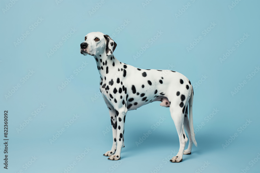 Dalmatian dog standing on a blue background looking away, white body with black spots, elegant pose