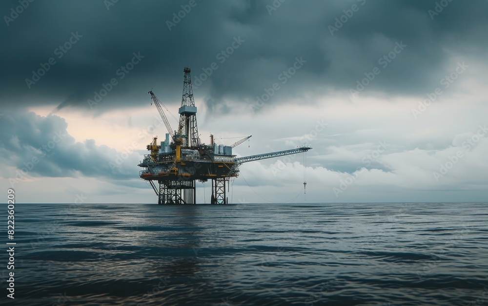 Atmospheric view of an offshore oil rig during a rain shower at sunset, with the sun reflecting on the calm sea. Atmospheric view of an offshore oil rig during a rain shower at sunset, with the sun reflecting on the calm sea.