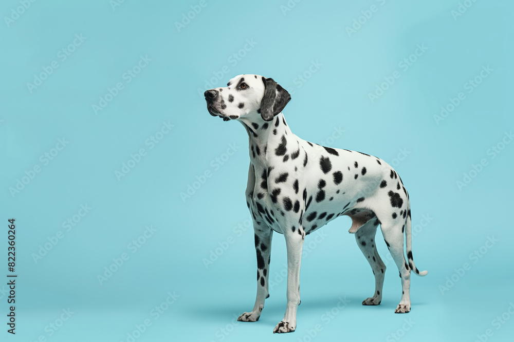 Dalmatian dog standing on blue background, displaying its iconic black spots and elegant posture Dalmatian dog standing on blue background, displaying its iconic black spots and elegant posture