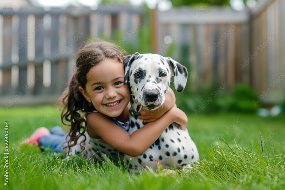 Girl hugging Dalmatian dog outside in the grass, displaying friendship and happiness in a sunny backyard Girl hugging Dalmatian dog outside in the grass, displaying friendship and happiness in a sunny backyard