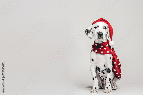 Dalmation puppy dressed in a Santa hat and scarf, celebrating Christmas, holiday spirit, festive atmosphere © zakiroff