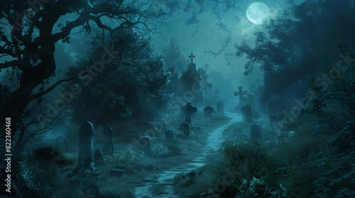 eerie misty graveyard path on a moonlit night with fogshrouded tombstones and a sense of foreboding dark fantasy digital painting
