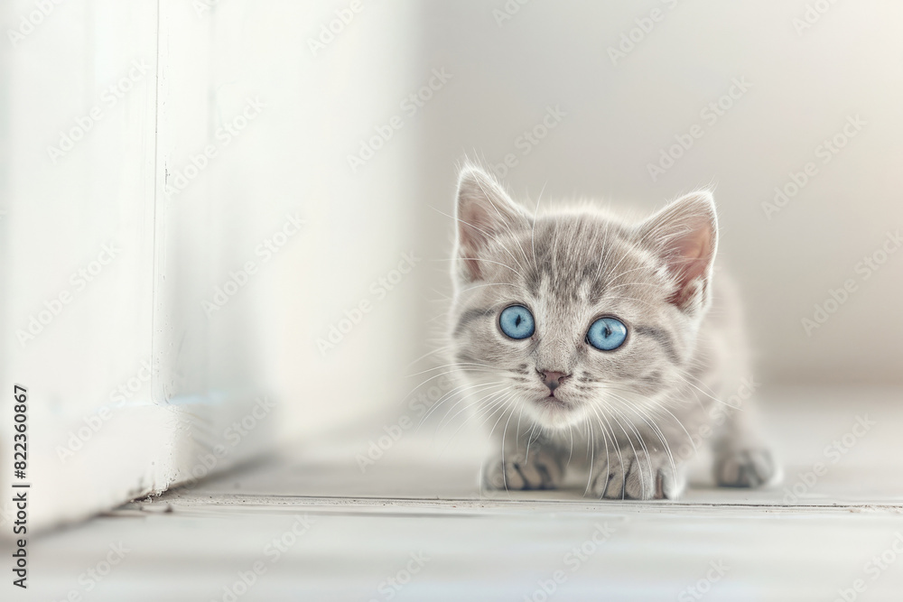 Cute kitten with blue eyes sitting on the floor, looking curious, surrounded by soft light