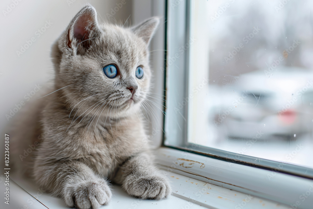 Cute gray kitten sitting by window looking at something outside with blue eyes during daytime