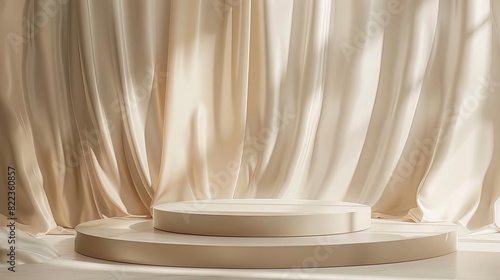 elegant beige 3d display podium with silk curtain luxury cosmetic product presentation