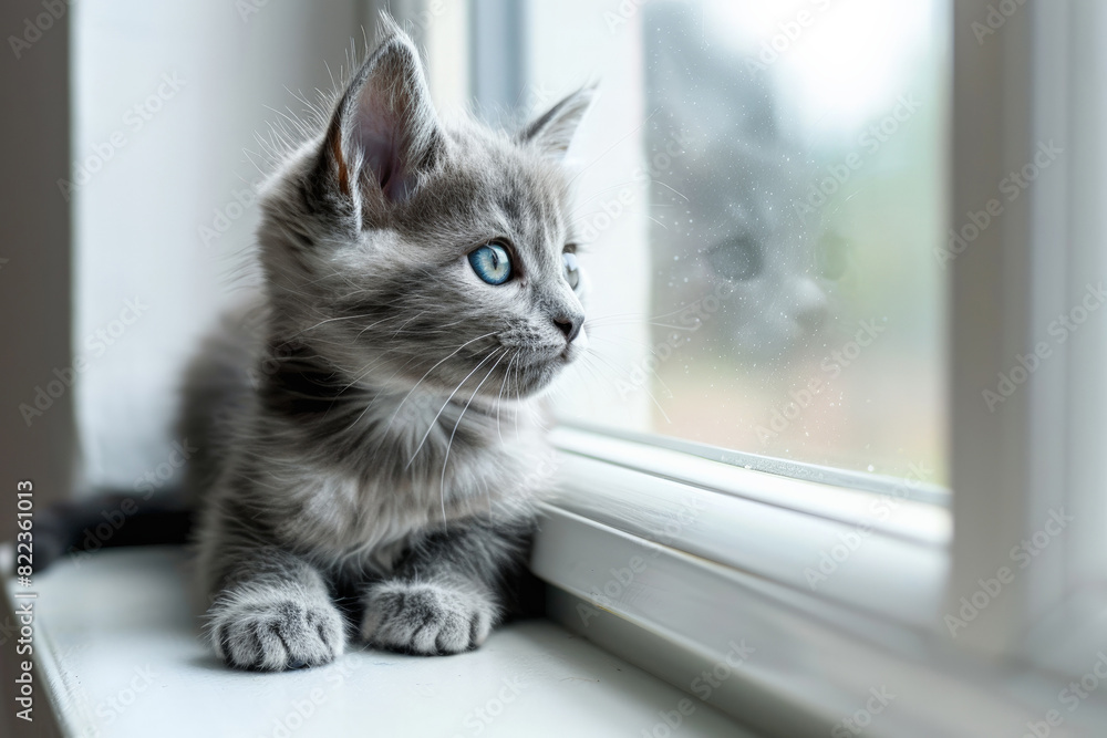 Gray kitten with blue eyes sitting on windowsill looking outside in contemplation, serene and adorable scene.