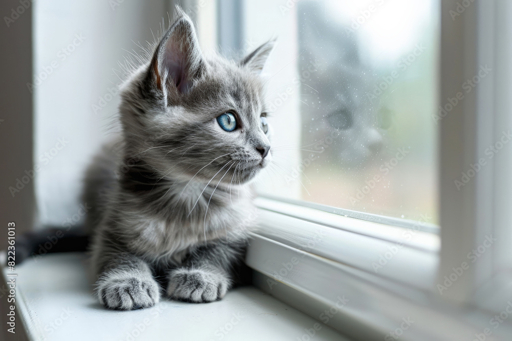 Gray kitten with blue eyes sitting on windowsill looking outside in contemplation, serene and adorable scene. Gray kitten with blue eyes sitting on windowsill looking outside in contemplation, serene and adorable scene.