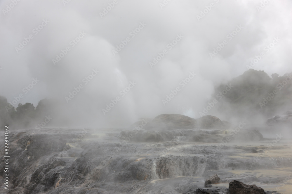 New Zealand Rotorua view of the volcanic area on a cloudy autumn day New Zealand Rotorua view of the volcanic area on a cloudy autumn day