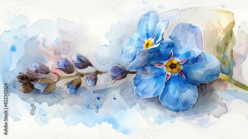 Delicate watercolor sketch of a forget-me-not flower with its tiny blue petals and yellow center photo