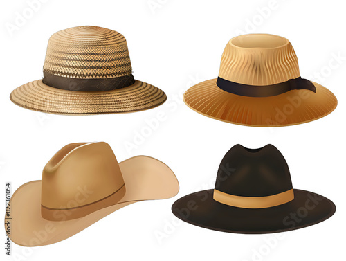 Four Summer Fashion Hats in Various Styles Isolated on Transparent Background