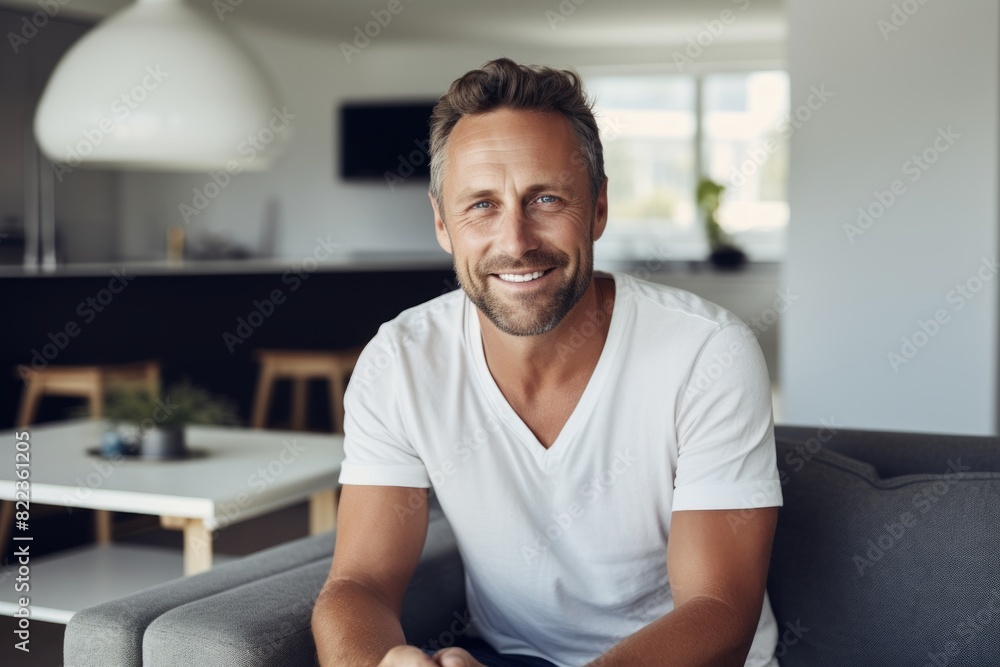 Portrait of a smiling man in his 40s smiling at the camera over crisp minimalistic living room Portrait of a smiling man in his 40s smiling at the camera over crisp minimalistic living room