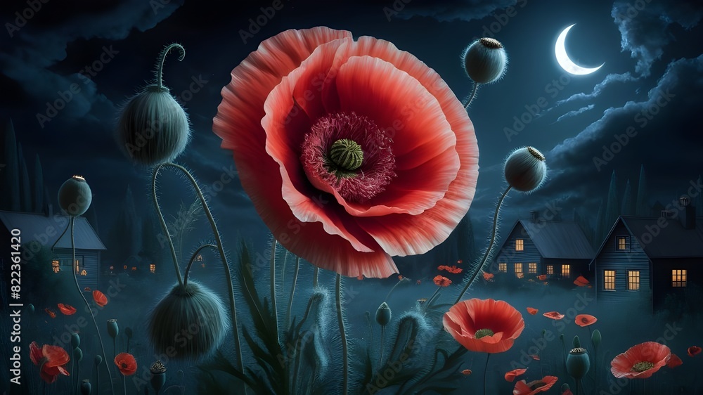 A red flower with the words poppies on the bottom. A red flower with the words poppies on the bottom.