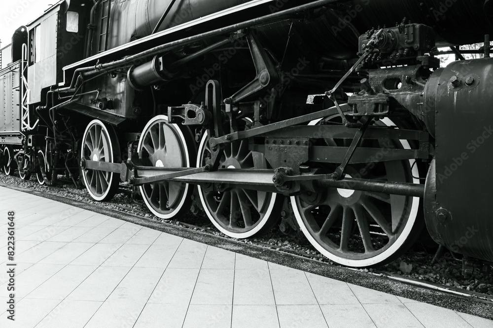 Naklejka premium Old Vintage Steam Locomotive Train Isolated, Old time vintage railroad steam locomotive train engine, Transportation and travel from another era.