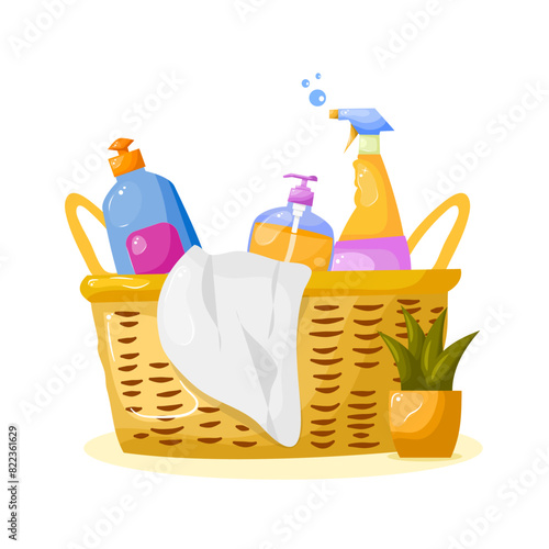 Bootle liquids of soap and detergent on basket