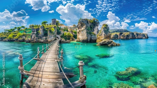 a wonderful wooden rope bridge suspended over the sea, offering stunning views of karst rocks jutting out from the turquoise waters below. photo