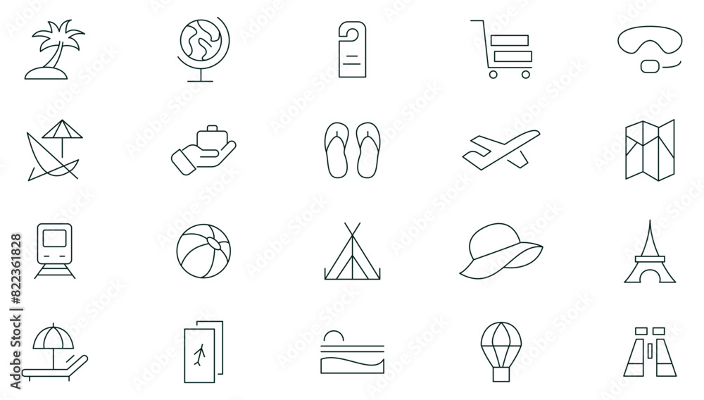 Travel and tourism line icon set. Airplane, trip, beach, passport, summer vacations, luggage, camping, hotel, entertainment simple icon collection. Outline icon collection. Thin outline icons pack. Travel and tourism line icon set. Airplane, trip, beach, passport, summer vacations, luggage, camping, hotel, entertainment simple icon collection. Outline icon collection. Thin outline icons pack.