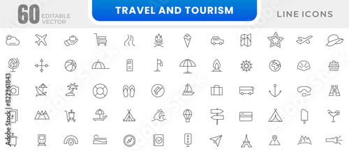 Travel and tourism line icon set. Airplane, trip, beach, passport, summer vacations, luggage, camping, hotel, entertainment simple icon collection. Outline icon collection. Thin outline icons pack.