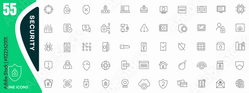 Security and protection line icons set. Security shield icons,shield logotypes with a check mark, and padlock security symbols icon collection. Thin outline icons pack. photo