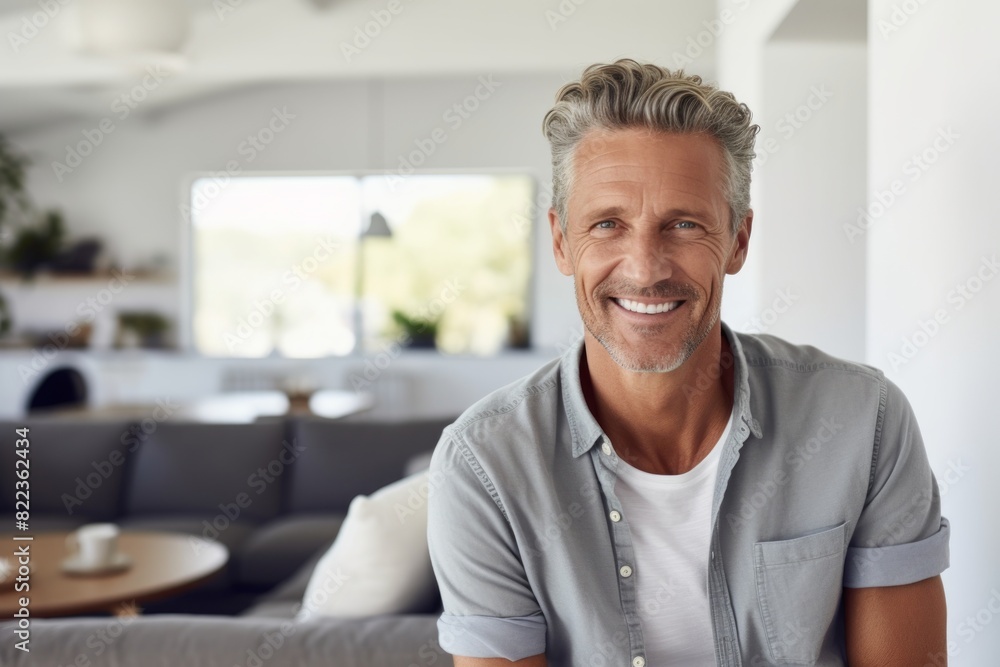 Portrait of a content man in his 50s smiling at the camera while standing against crisp minimalistic living room Portrait of a content man in his 50s smiling at the camera while standing against crisp minimalistic living room