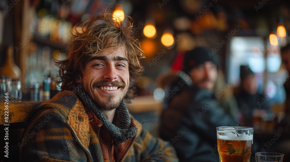 Happy man having drink while enjoying with group of friends in cafe. Happy man having drink while enjoying with group of friends in cafe.