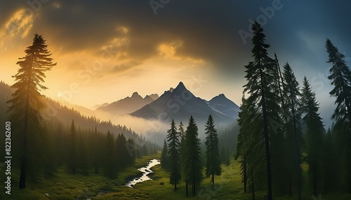 Panoramic view of a mountain evening summer landscape covered with dense forest, the forest consists mainly of tall coniferous trees such as spruce and fir, a small stream flows between the mountains photo