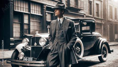 Monochrome photograph of the atmosphere of the early 20th century. Against the backdrop of ancient buildings and a powerful car, there is a man in stylish clothes of that time. photo