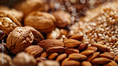 Discover Nutrient Rich Nuts and Seeds for Hair Growth: Explore our HD, close-up image detailing the textures and nutritional content of nuts and seeds, such as almonds, walnuts, and flaxseeds. 