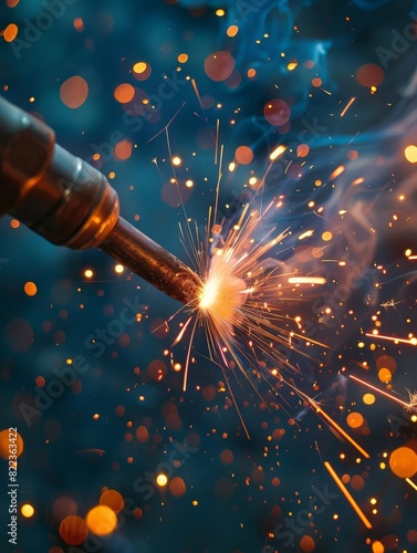 closeup of welders fusing advanced alloys with high intensity plasma torch bright sparks in dark photo