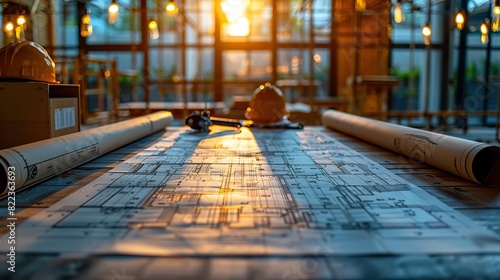 architect concept and architectural project desk in construction site or office building with mining light.image illustration