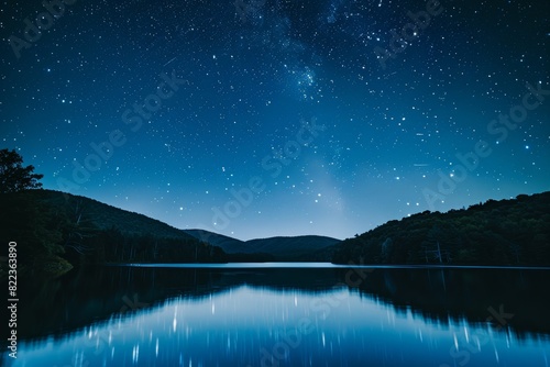 Starry Night Sky Over Tranquil Lake with Reflective Water