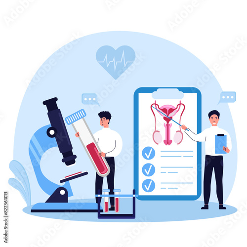 Nephrology, urology. Urinary Tract Infection, UTI Medical Concept. Doctors collect the patient's amnesia and examine the blood under a microscope. Vector illustration	
