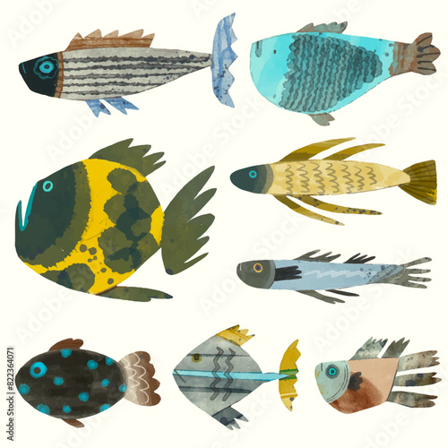Fish. watercolor vector of animal wildlife.