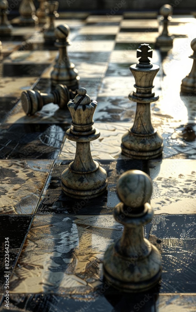 Fototapeta premium Artistic depiction of a chessboard with pieces strategically positioned for victory, symbolizing strategic planning and success
