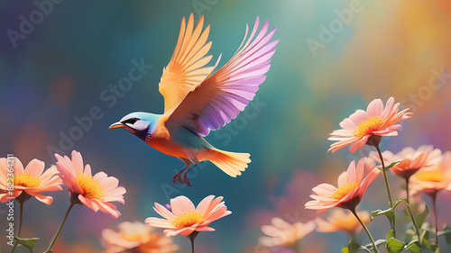 A Serene Moment: Bird Soaring Above Blossoms, Nature's Harmony, Beauty, Tranquility © Malik
