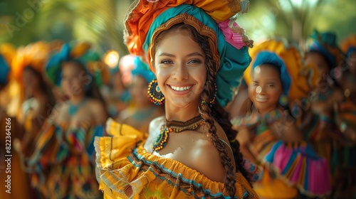 Young women in traditional clothing dancing in a colorful parade.