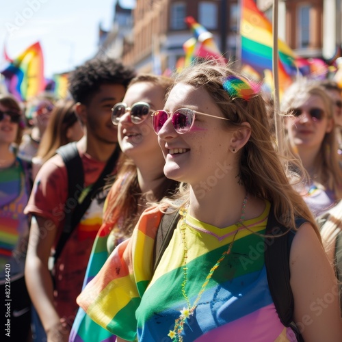Joyous participants wearing rainbow attire, celebrating Pride with enthusiasm and colorful face paint in a sunny setting.