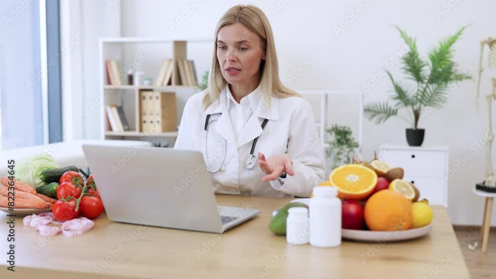 Friendly mature female making video call via wireless device at doctor's workplace in hospital. Attentive dietitian providing online consultation about client's progress in identifying foods. Friendly mature female making video call via wireless device at doctor's workplace in hospital. Attentive dietitian providing online consultation about client's progress in identifying foods.