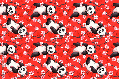 Cute panda pattern with playful pandas and cherry blossoms on a red background, creating a fun seamless design for cheerful decoration. Ideal for textiles and backgrounds.