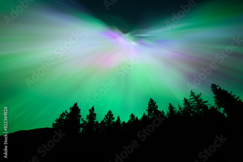 Aurora Borealis rays spreading from auroral corona point with treeline creating colorful night sky with green and pink colors above the North Cascade National Park © IanDewarPhotography