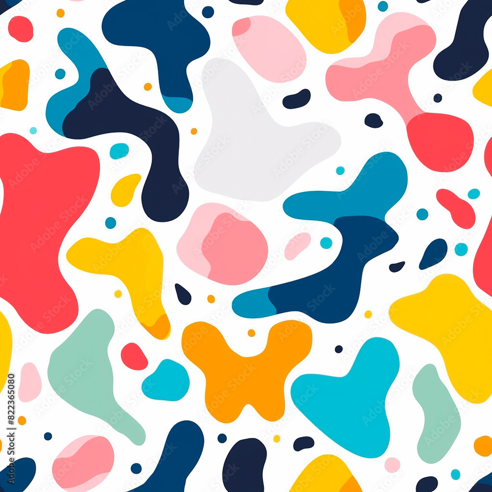 Playful seamless pattern with colorful blobs and shapes on a white background, perfect for fun and vibrant decorations Playful seamless pattern with colorful blobs and shapes on a white background, perfect for fun and vibrant decorations