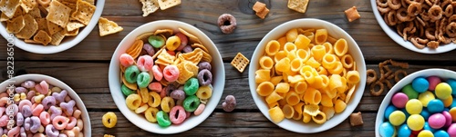 Several bowls of cereal , sugary food background 