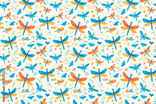 Playful seamless pattern with blue and orange dragonflies, butterflies, and flowers on a white background, great for summer decorations and designs