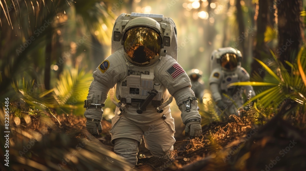 Astronauts in in a palm beach forest. Generative AI. Astronauts in in a palm beach forest. Generative AI.