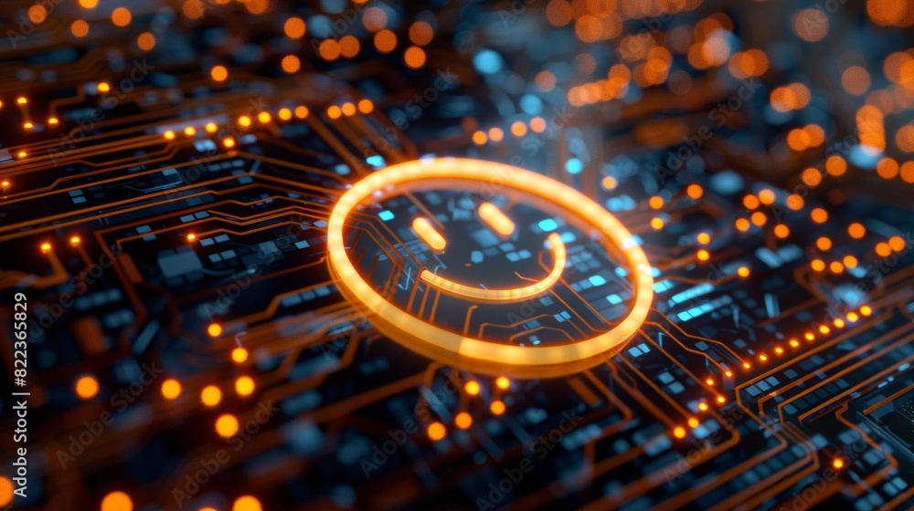 Fototapeta premium Illustration of a happiness icon with life text on an electronic mainboard background with AI symbol, symbolizing AI in enhancing happiness