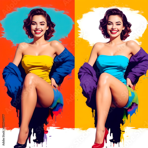 A drawing of a beautiful girl with curvy shapes and a great figure. Splashes of multicolored paint and a girl's colored background on it. Vintage painting.