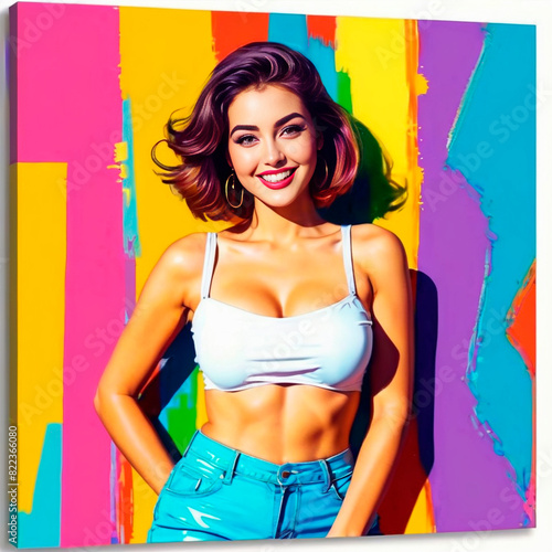 A drawing of a beautiful girl with curvy shapes and a great figure. Splashes of multicolored paint and a girl's colored background on it. Vintage painting.