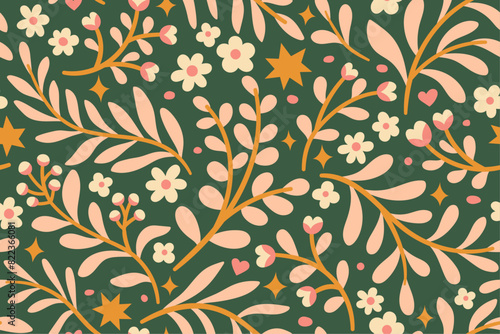 Cute seamless pattern with flowers and abstract botanical elements. Vector hand drawn floral background for textile, fabric, print or wallpaper.