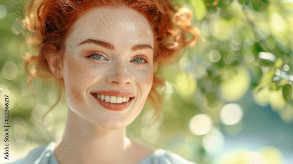 Portrait of a Smiling Young Woman with Curly Red Hair and Freckles against a Blurred Garden Background - Ideal for Lifestyle and Beauty Themes Portrait of a Smiling Young Woman with Curly Red Hair and Freckles against a Blurred Garden Background - Ideal for Lifestyle and Beauty Themes