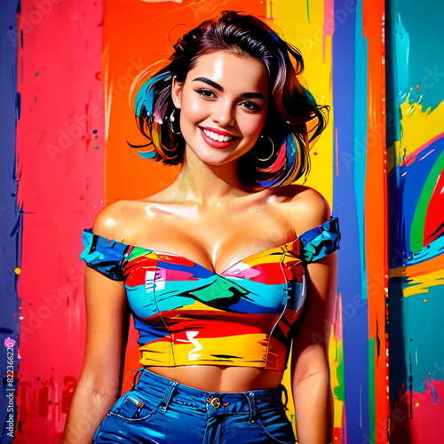 A drawing of a beautiful girl with curvy shapes and a great figure. Splashes of multicolored paint and a girl's colored background on it. Vintage painting.