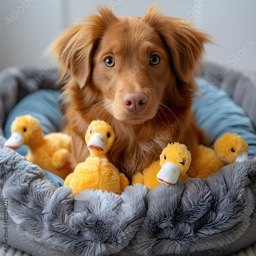 Toller dog with puppies and bright toy duck in blue bed is a nova scotia duck tolling retriever isolated on white background, text area, png 